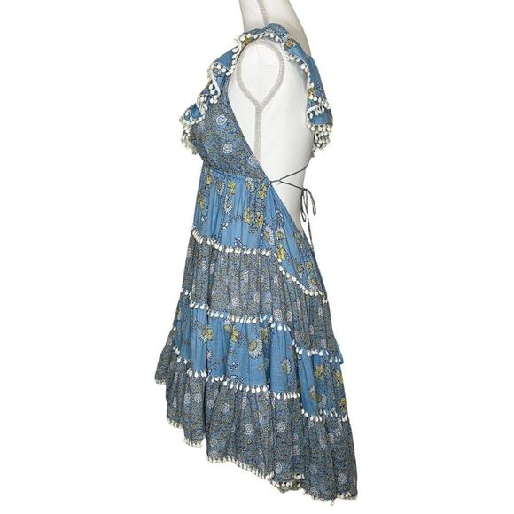 Zimmermann Caravan Tiered Sun Dress Splice Blue Floral Ruffle Pom Pom Trim Mini - Picture 7 of 13
